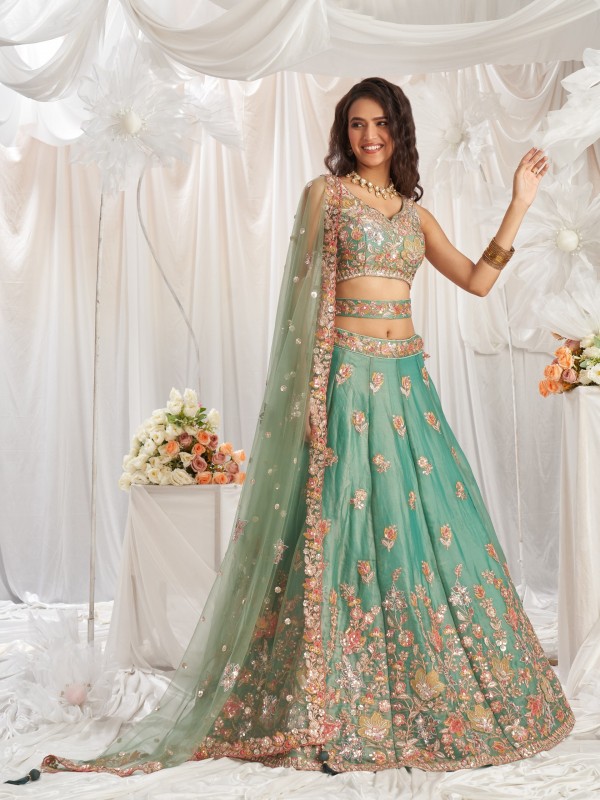 Pure Georgette Lehenga Lime Green Color Lehenga With Embroidery Work & Sequence Work    