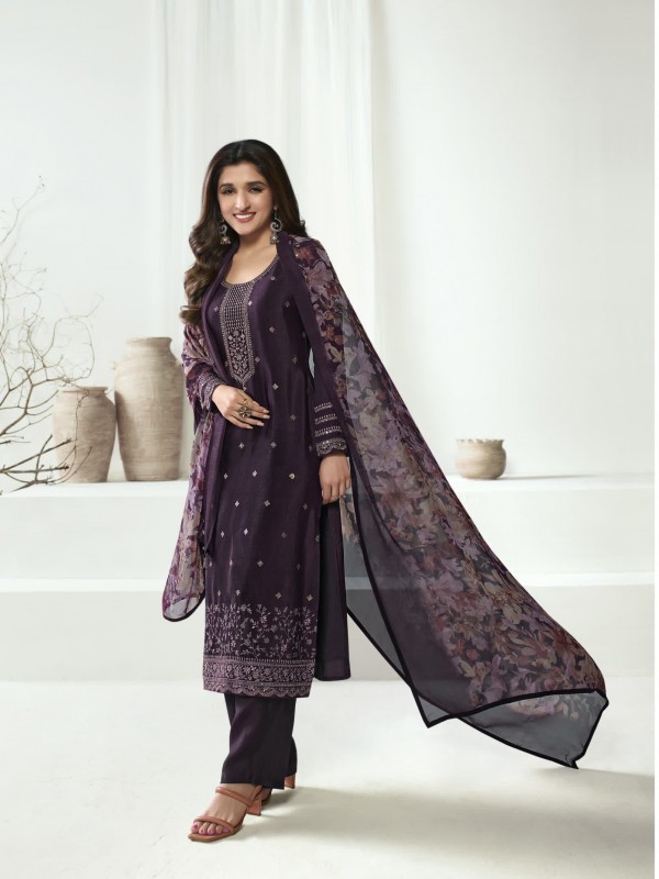 Soft Crape Party Wear  Suit in Purple Color with  Embroidery Work