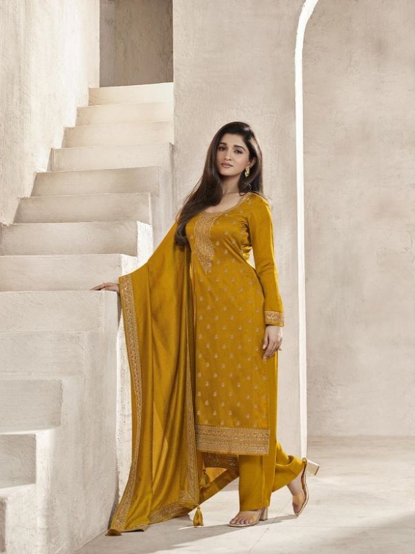  Silk Georgette  Party Wear Suit in Mustard Color with Embroidery Work