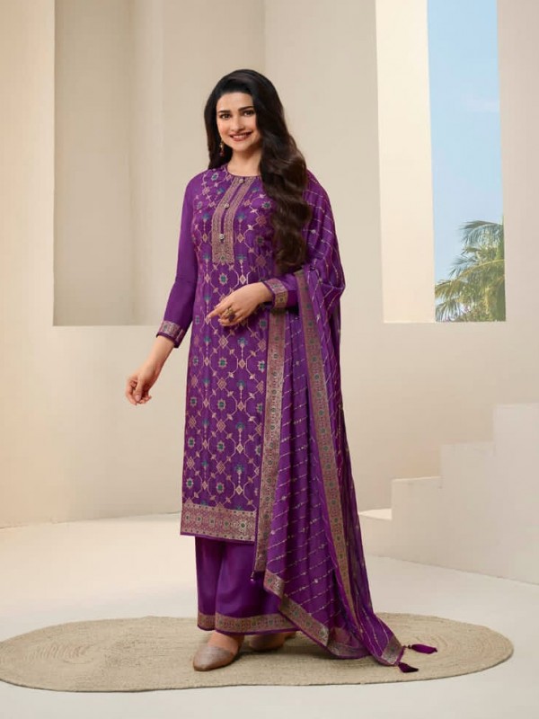 Pure Dola Jacquard Silk Party Wear Suit in Purple Color with Embroidery Work