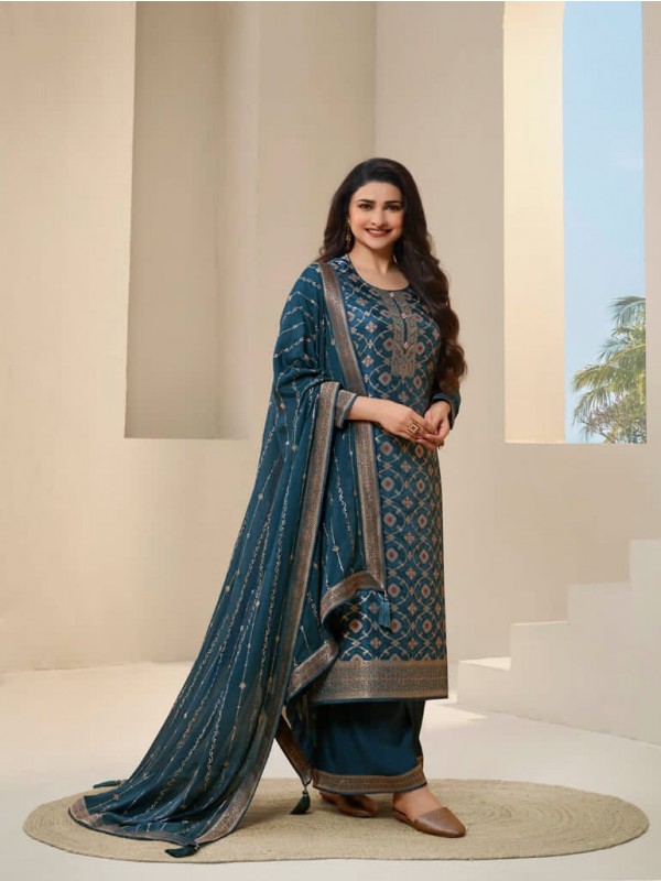 Pure Dola Jacquard Silk Party Wear Suit in Blue Color with Embroidery Work