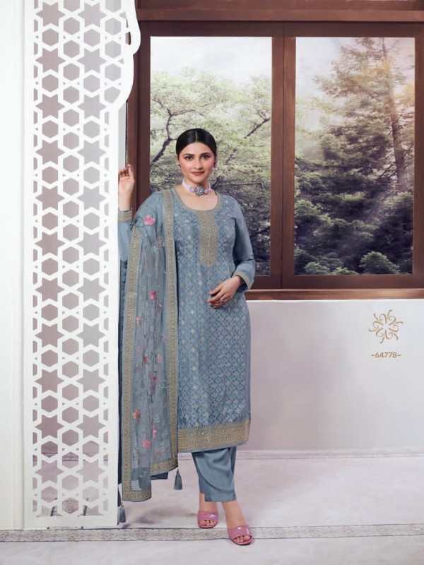 Pure Dola Jacquard   Silk Party Wear Suit in Blue Color with Embroidery Work