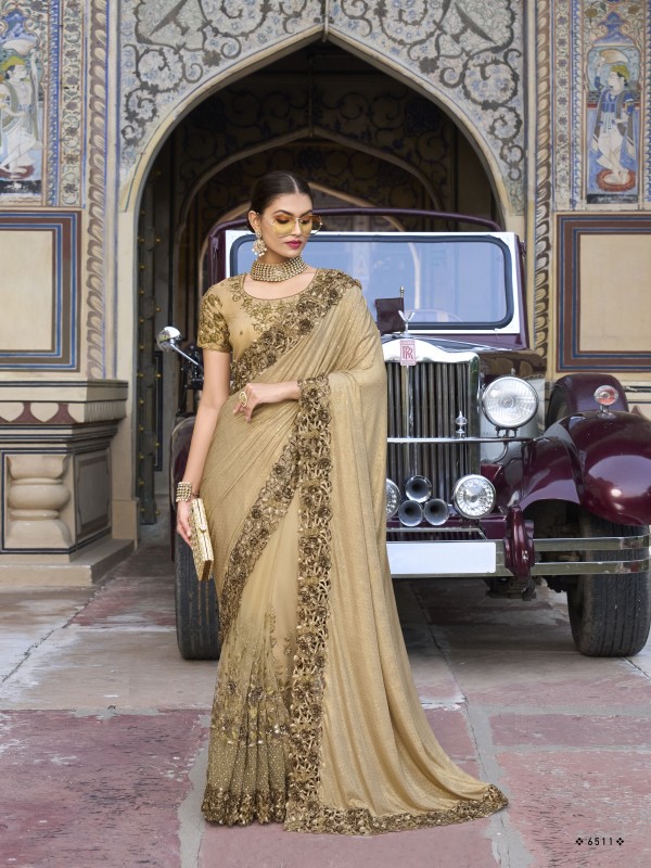 Fancy Laycra With Net Wedding Wear Saree In Beige Color With Embroidery Work 