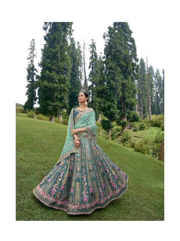 Pure Dola Silk Wedding Lehenga in Teal Blue Color With Embroidery work