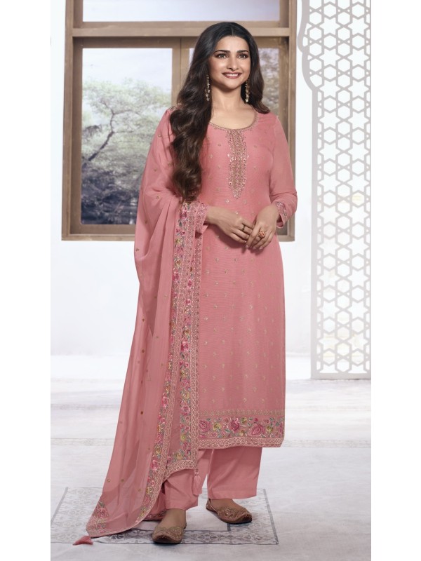 Pure Viscose Jacquard Silk Party Wear Suit in Peach Color with Embroidery Work