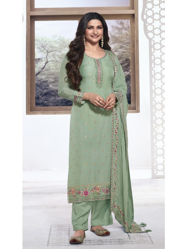 Pure Viscose Jacquard Silk Party Wear Suit in Sea Green Color with Embroidery Work