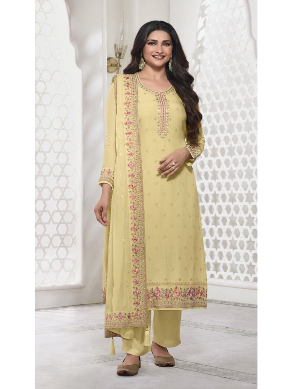 Pure Viscose Jacquard Silk Party Wear Suit in Yellow Color with Embroidery Work