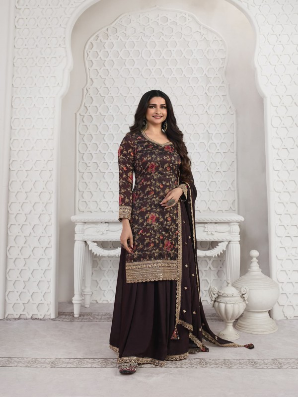 Pure Georgette  Party Wear  Sharara in Violet Color with  Embroidery Work
