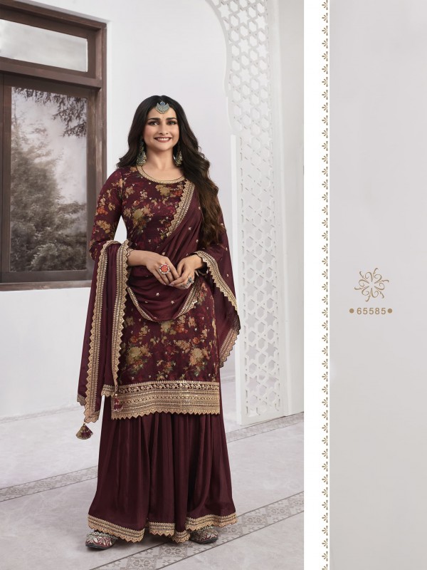 Pure Georgette  Party Wear  Sharara in Maroon Color with  Embroidery Work