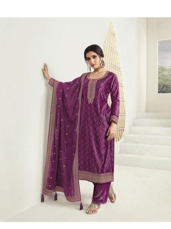 Soft Velvet  Party Wear  Suit in Wine Color with  Embroidery Work