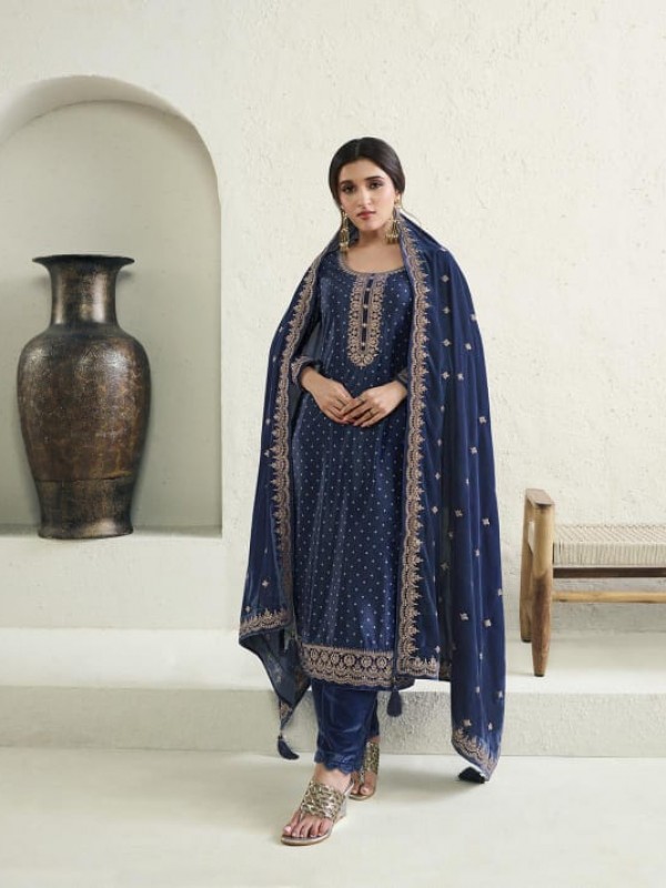 Soft Velvet  Party Wear  Suit in Blue Color with  Embroidery Work