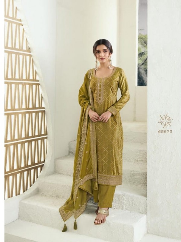 Soft Velvet  Party Wear  Suit in Green Color with  Embroidery Work