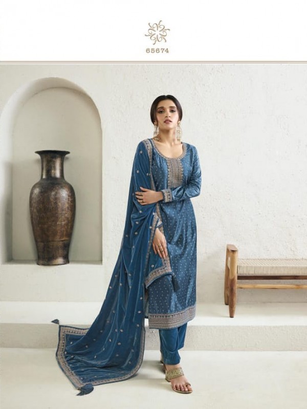 Soft Velvet  Party Wear  Suit in Blue Color with  Embroidery Work