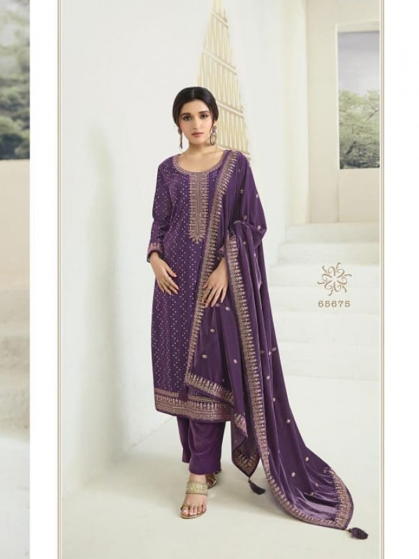Soft Velvet  Party Wear  Suit in Purple Color with  Embroidery Work