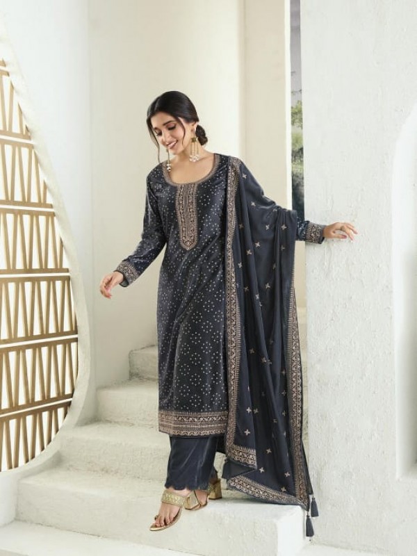 Soft Velvet  Party Wear  Suit in Black Color with  Embroidery Work