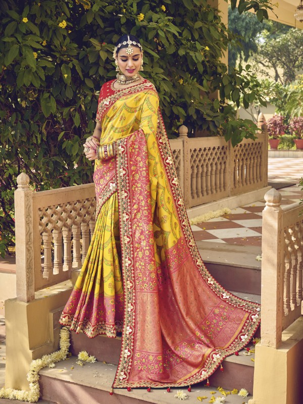 Pure Patola Silk   Saree Yellow Color With Embroidery Work