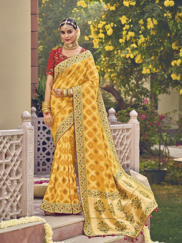 Pure Georgette Viscose Silk   Saree Yellow Color With Embroidery Work