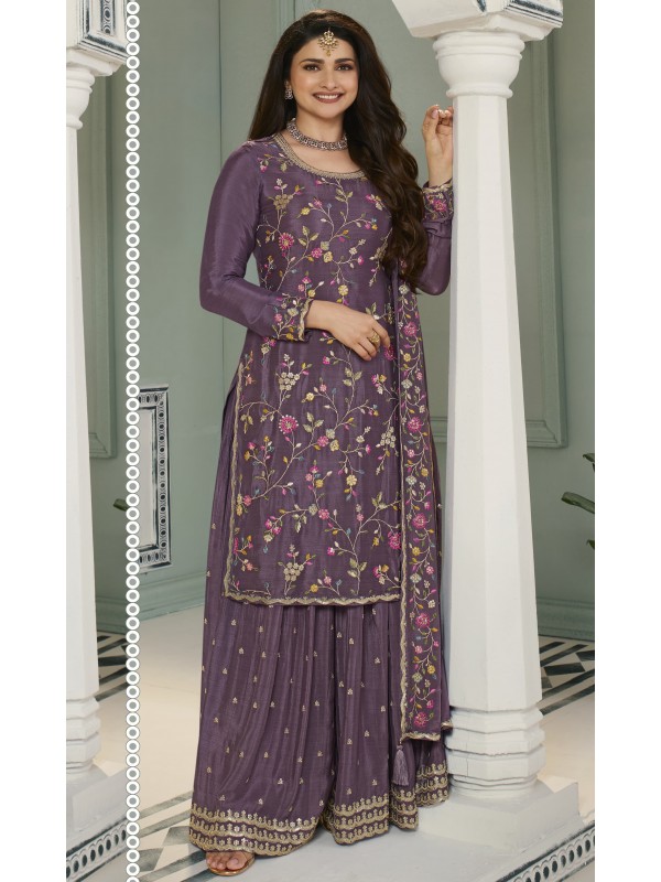 Pure Chinon Party Wear  Sharara in Purple Color with  Embroidery Work