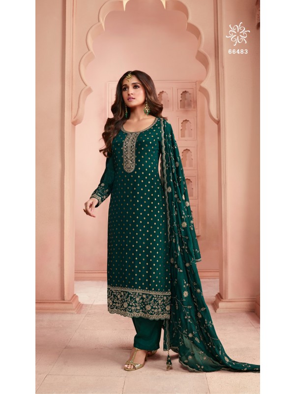 Pure Dola Jacquard Silk Party Wear Suit in Green Color with Embroidery Work