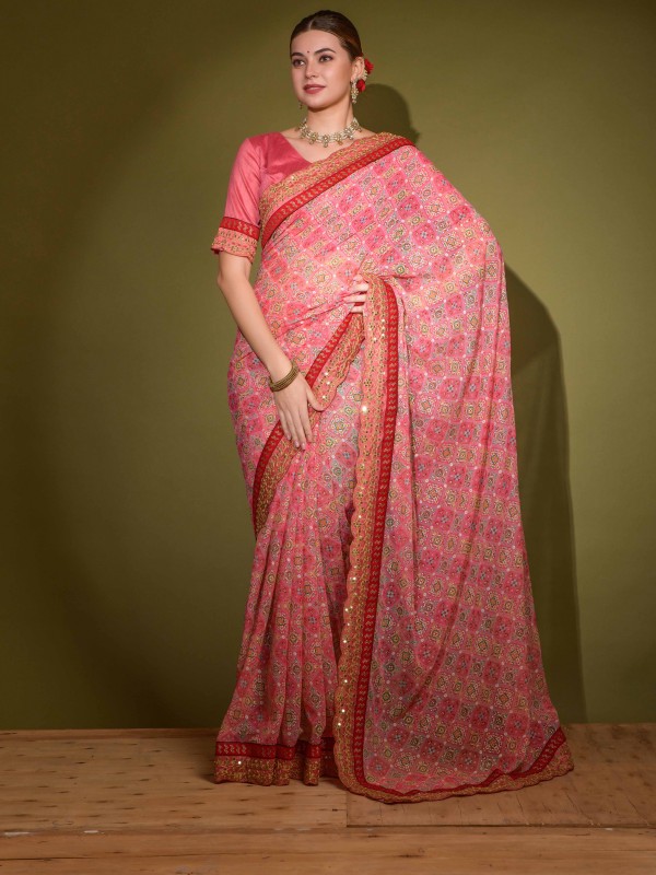 Party Wear Saree Pink Color Georgette Saree With Embroidery Work 
