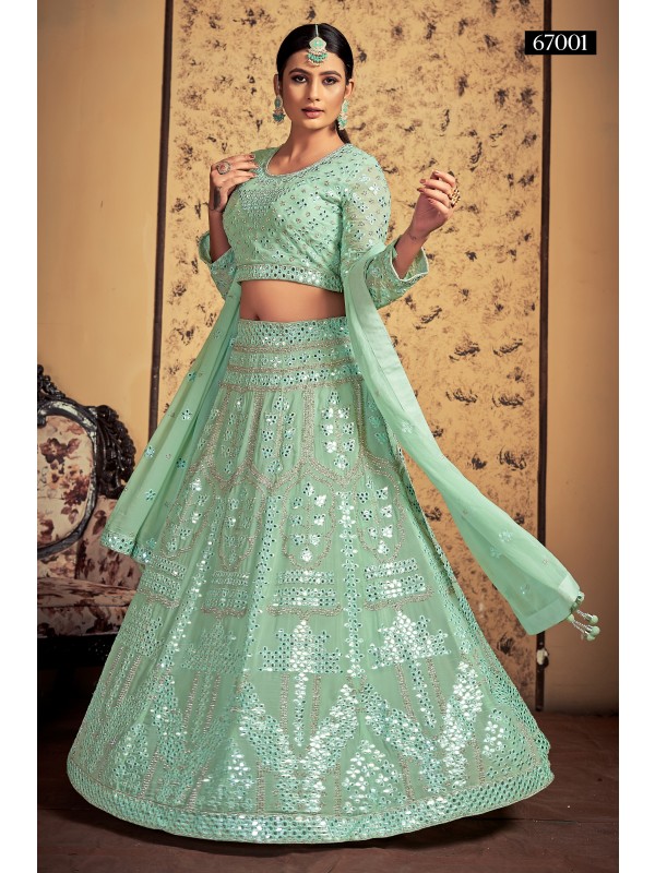 Georgette  Fabrics Wedding Wear Lehenga in Sea Green Color With Embroidery Work 