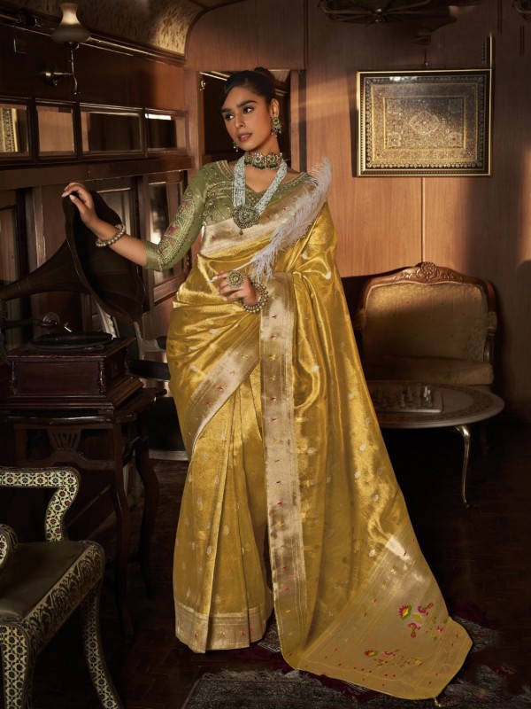 Pure Tissue Silk Party wear Saree In Yellow Color with Embroidery Work 