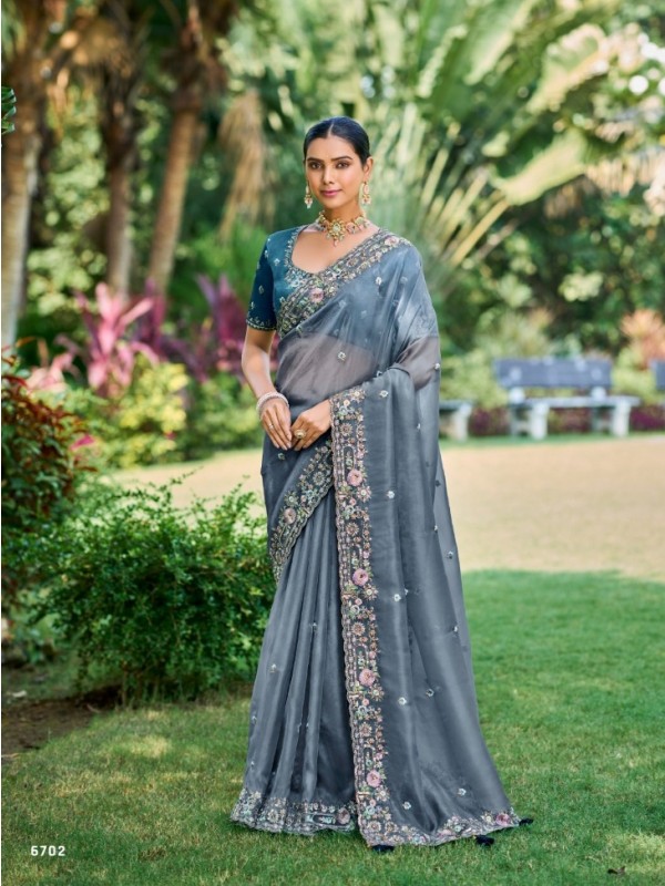 Pure  Silk Saree In Grey Color With Embroidery Work