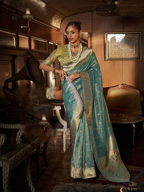 Pure Tissue Silk Party wear Saree In Turquoise Color with Embroidery Work 