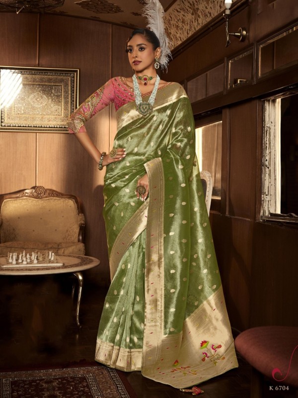 Pure Tissue Silk Party wear Saree In Green Color with Embroidery Work 