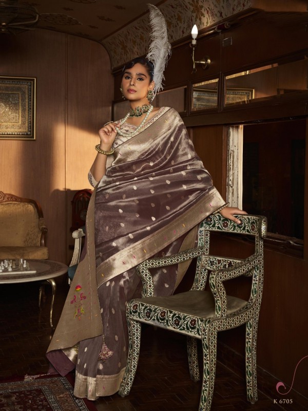Pure Tissue Silk Party wear Saree In Brown Color with Embroidery Work 