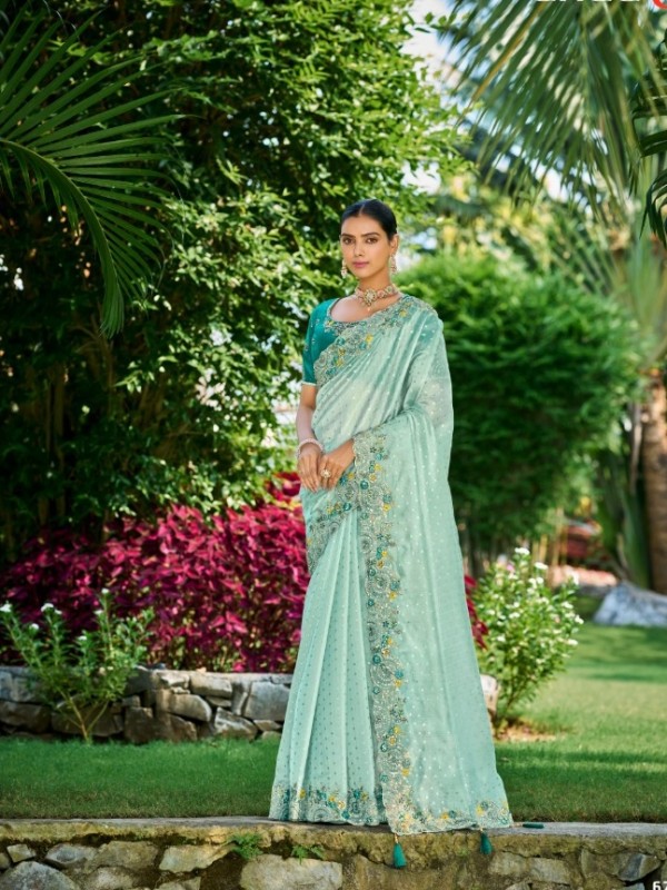 Pure  Silk Saree In Sea Green Color With Embroidery Work