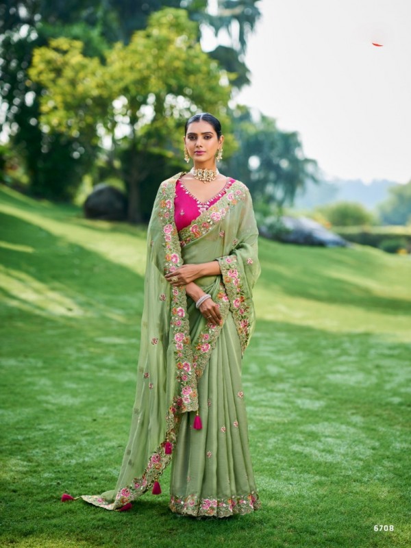Pure  Silk Saree In Green Color With Embroidery Work