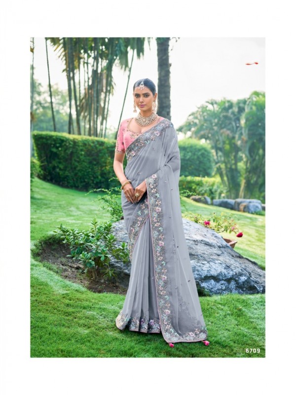 Pure  Silk Saree In Grey Color With Embroidery Work