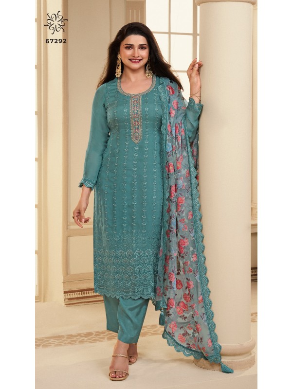 Pure Organza  Party Wear  Suit in Blue Color with  Embroidery Work