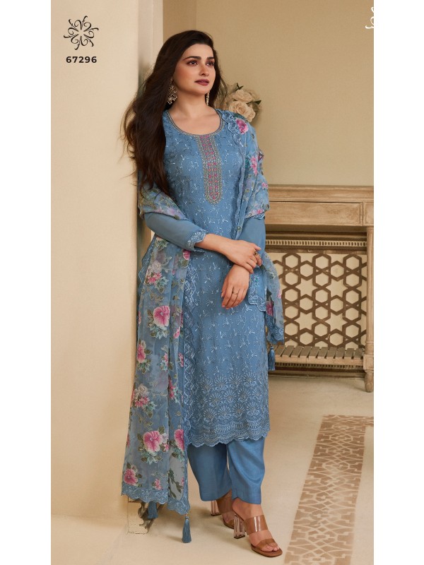 Pure Organza  Party Wear  Suit in Blue Color with  Embroidery Work