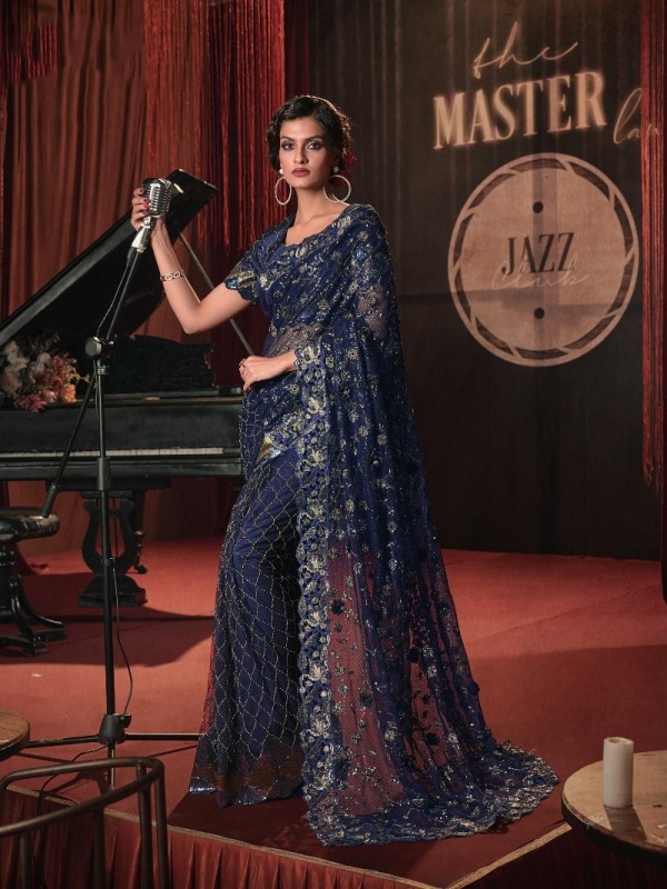 Soft Premium Net Wedding Wear Saree In Blue Color With Embroidery Work 