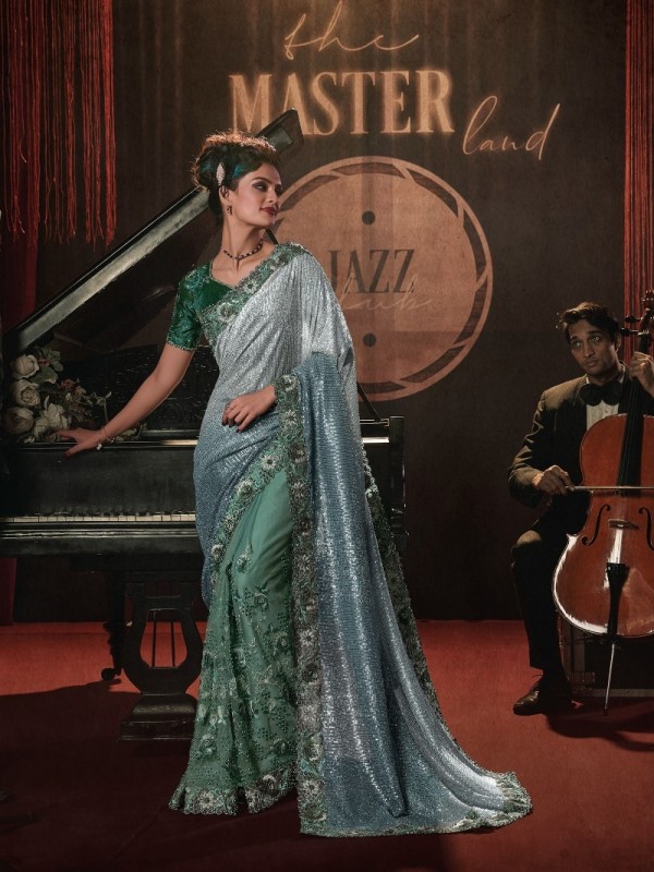 Soft Premium Net Wedding Wear Saree In Green Color With Embroidery Work 