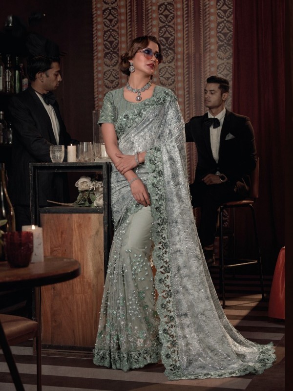 Soft Premium Net Wedding Wear Saree In Sea Green Color With Embroidery Work 