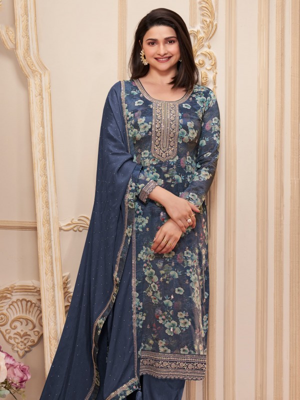 Pure Chinon Silk Party Wear Suit in Grey Color with Embroidery Work