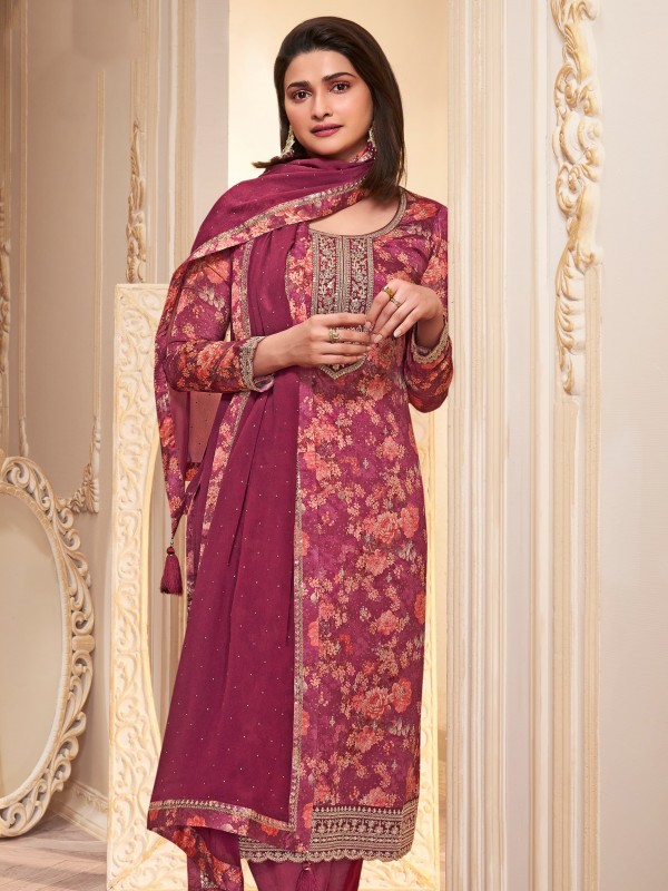 Pure Chinon Silk Party Wear Suit in Pink Color with Embroidery Work