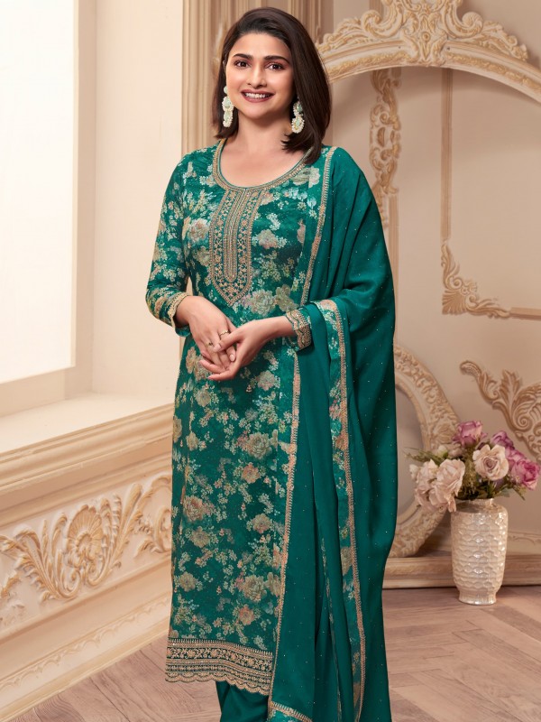 Pure Chinon Silk Party Wear Suit in Teal Green Color with Embroidery Work
