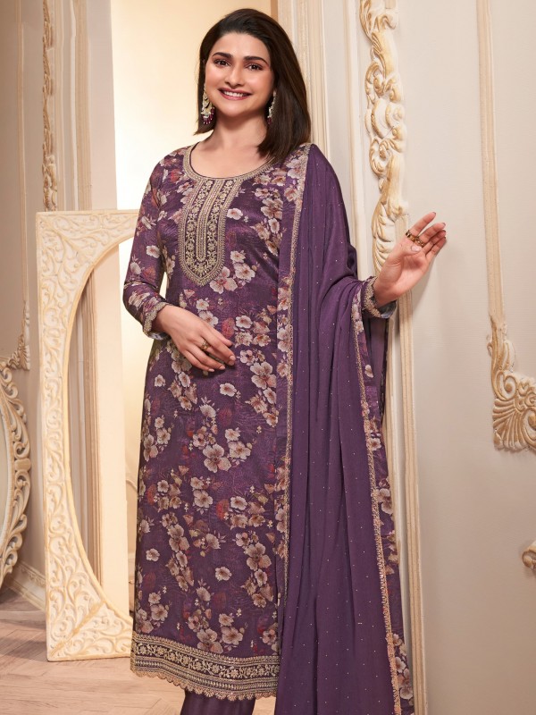 Pure Chinon Silk Party Wear Suit in Purple Color with Embroidery Work