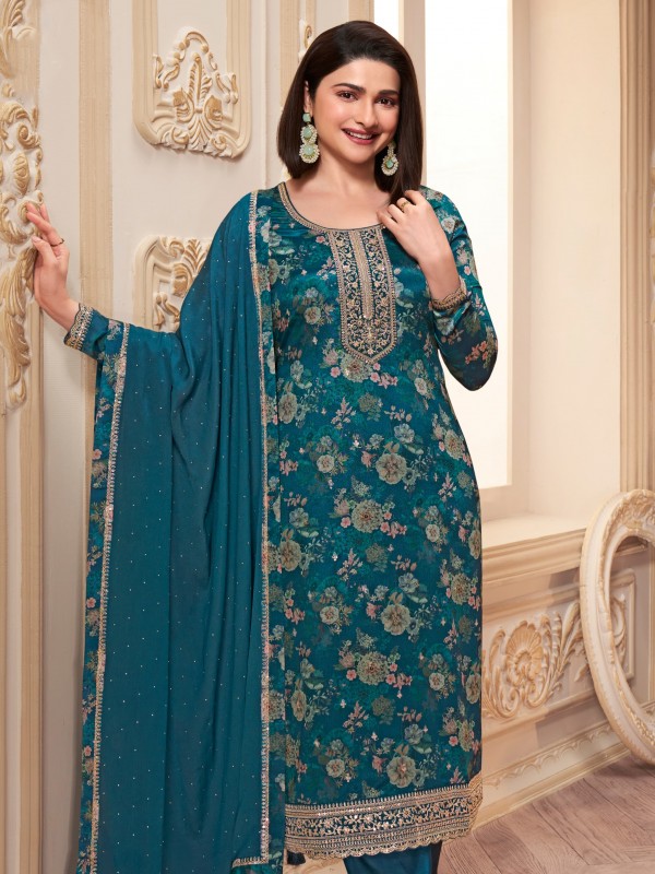Pure Chinon Silk Party Wear Suit in Teal Blue Color with Embroidery Work
