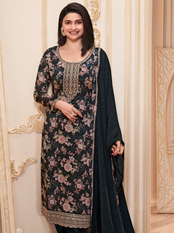 Pure Chinon Silk Party Wear Suit in Black Color with Embroidery Work