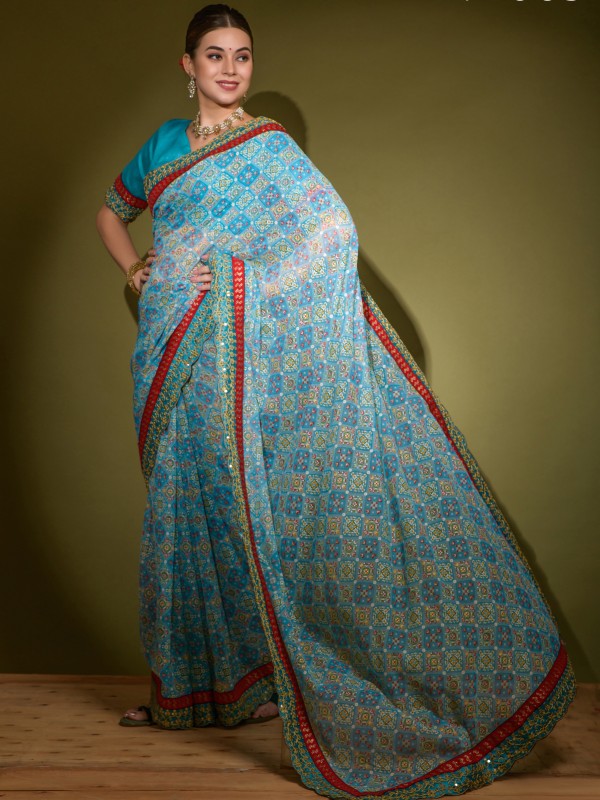 Party Wear Saree Blue Color Georgette Saree With Embroidery Work 