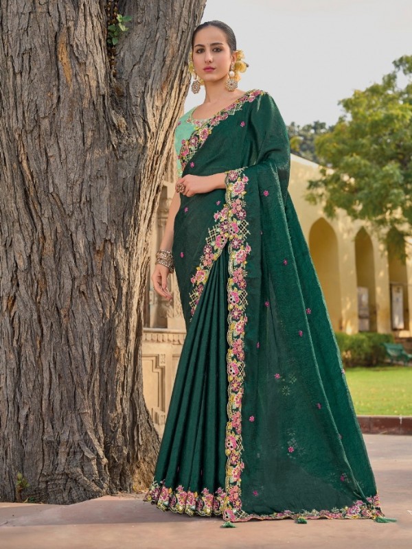 Pure  Silk Saree In Green Color With Embroidery Work