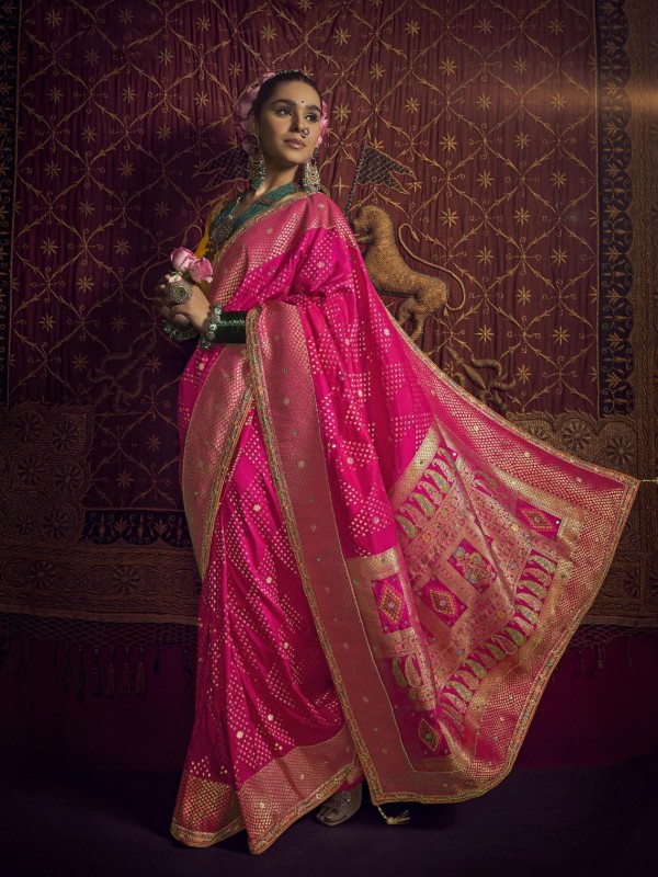 Pure Dola Silk Party wear Saree In Pink Color with Hand Work 