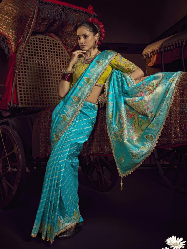 Pure Dola Silk Party wear Saree In Sky Blue Color with Hand Work 