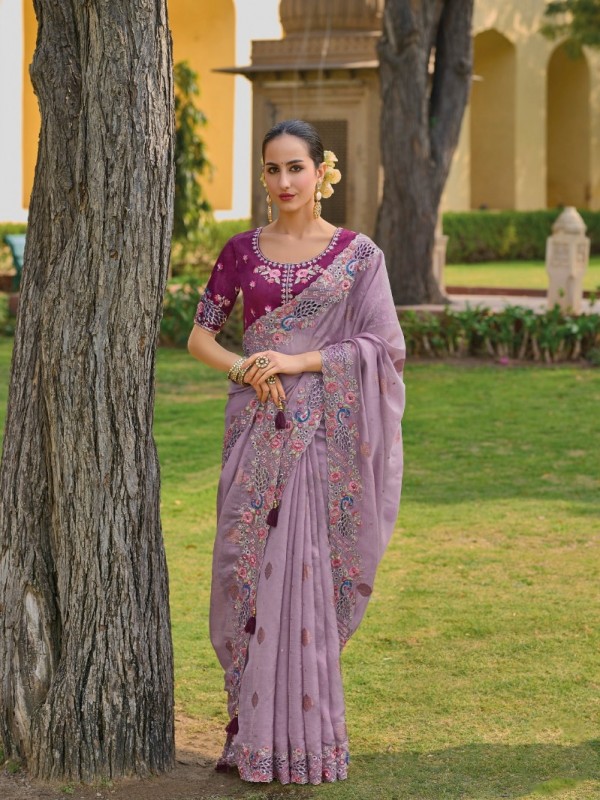 Pure  Silk Saree In Lavender Color With Embroidery Work