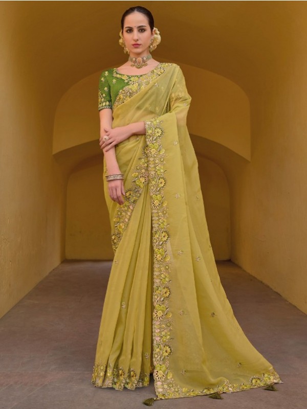 Pure  Silk Saree In Lemon  Color With Embroidery Work
